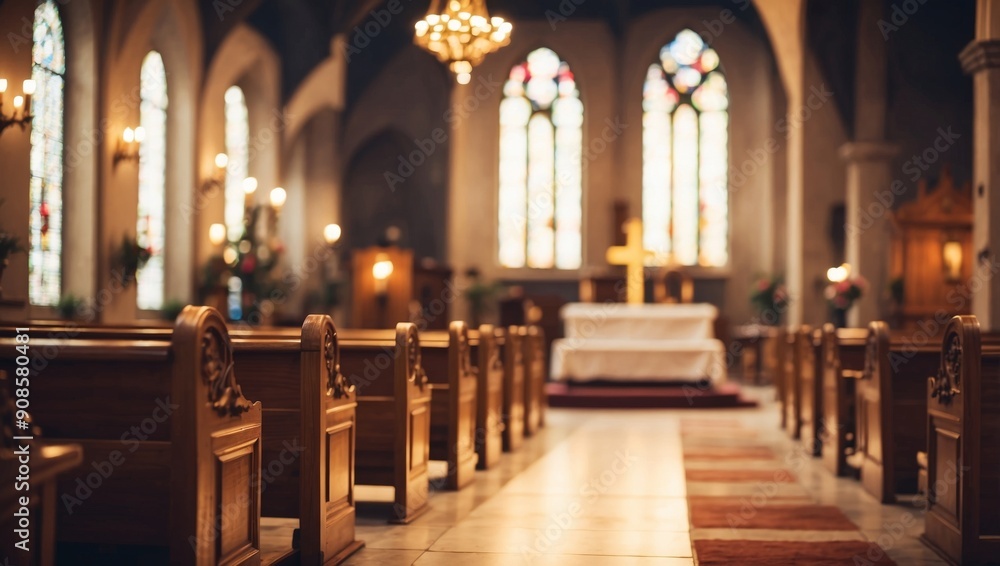 Fototapeta premium Church interior with bokeh light, vintage tone.