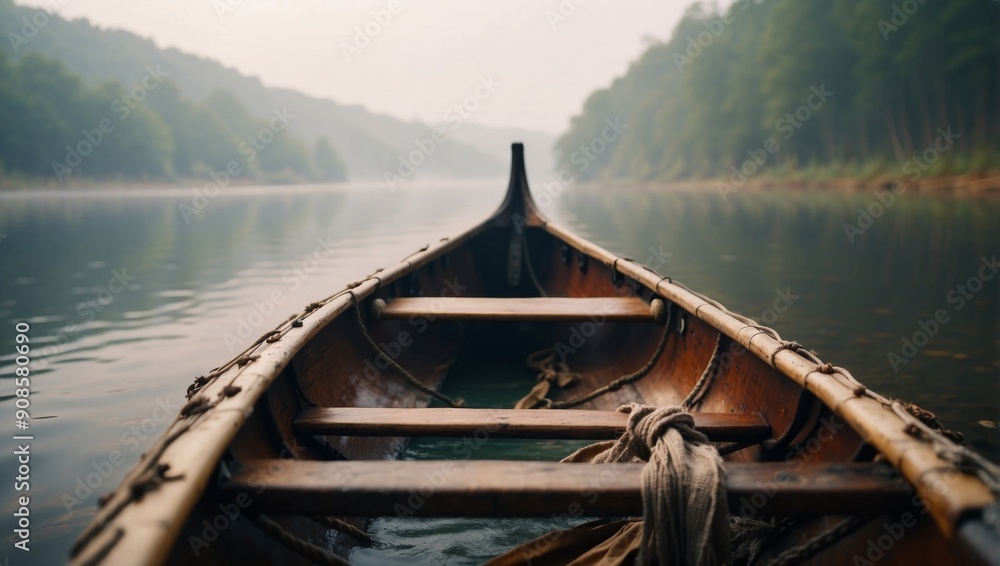 Closeup bow of a modern canoe in the misty lake or river around forest. Closeup bow of a modern canoe in the misty lake or river around forest.