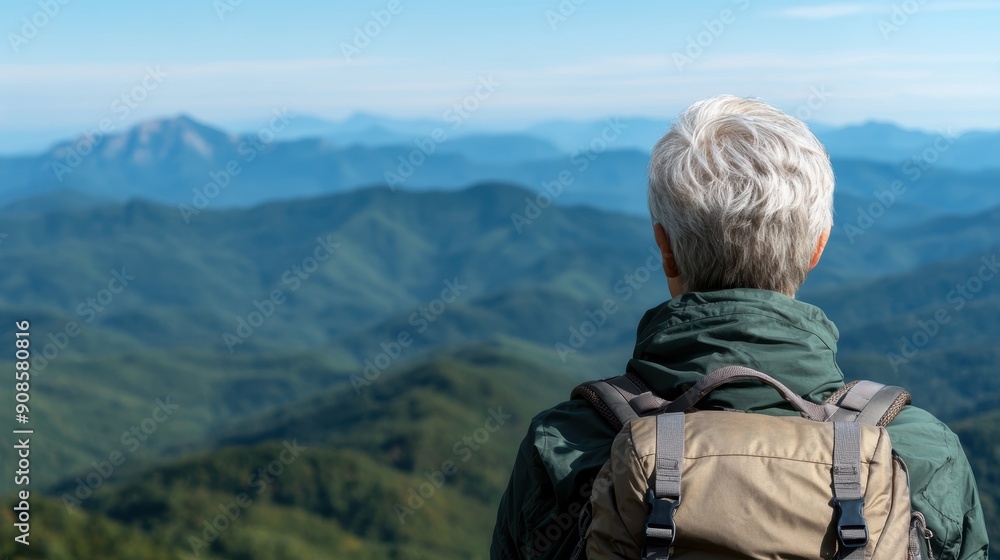 hiker admiring scenic mountain view hiker admiring scenic mountain view