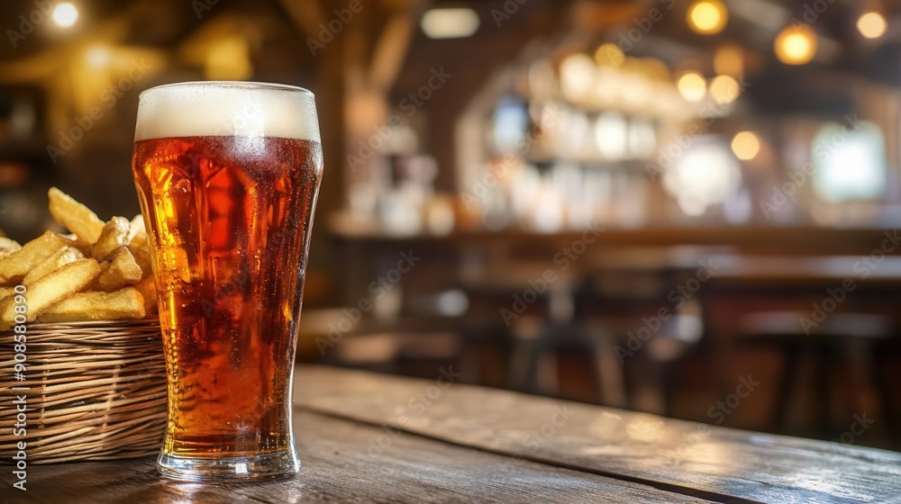 A refreshing glass of beer with crispy frie A refreshing glass of beer with crispy frie