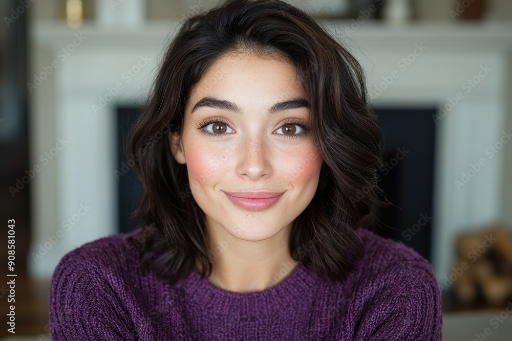 Smiling woman with dark hair in purple sweater Smiling woman with dark hair in purple sweater