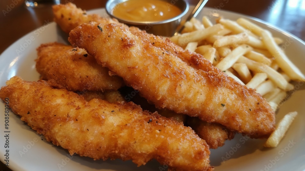 Delicious golden fried fish fillets served with crispy fries and a tangy dipping sauce Delicious golden fried fish fillets served with crispy fries and a tangy dipping sauce