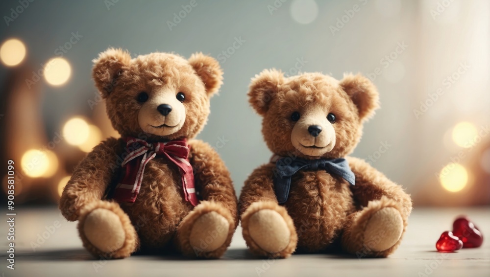 Fototapeta premium Cute teddy bears on white background with copy space, retro toned.