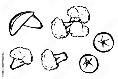 筆タッチのポテト、ブロッコリー、トマトのモノクロ線画イラストセット