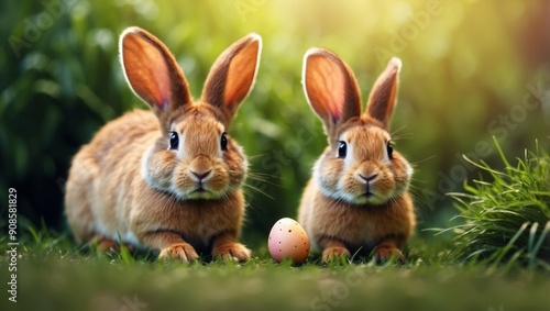 Cute rabbit eating a grass and sitting in wood, Easter holiday concept with space for copy. photo