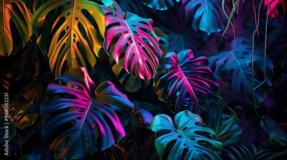 A lush tropical forest illuminated by vibrant neon Monstera deliciosa leaves, casting a colorful glow among the greenery A lush tropical forest illuminated by vibrant neon Monstera deliciosa leaves, casting a colorful glow among the greenery