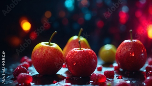 Cursed Fruits Bleeding on HighTech Background Under Spectral Phantom Light. photo