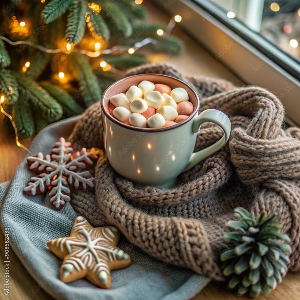 mug on a saucer with marshmallows, on a knitted scarf, top view, morning, light from the window, Christmas, cookies, decorated fir tree in the distance, garlands, Christmas, holiday, winter outside th mug on a saucer with marshmallows, on a knitted scarf, top view, morning, light from the window, Christmas, cookies, decorated fir tree in the distance, garlands, Christmas, holiday, winter outside th