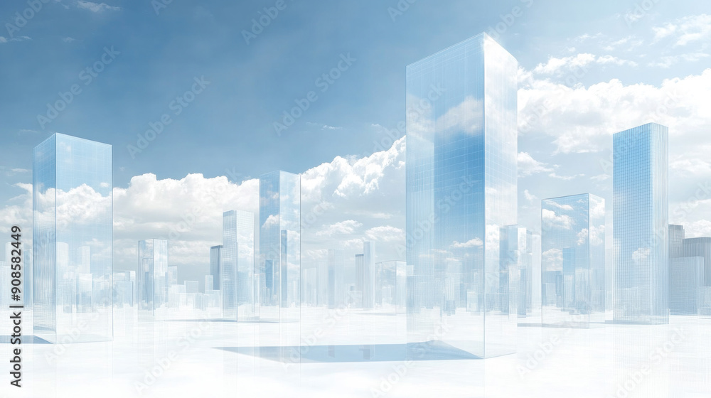 A cityscape with tall buildings and a clear blue sky. The buildings are made of glass and are reflected in the sky A cityscape with tall buildings and a clear blue sky. The buildings are made of glass and are reflected in the sky