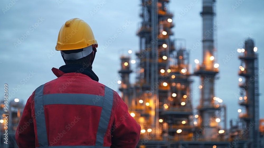 Industrial Worker Standing Before a Refinery Industrial Worker Standing Before a Refinery