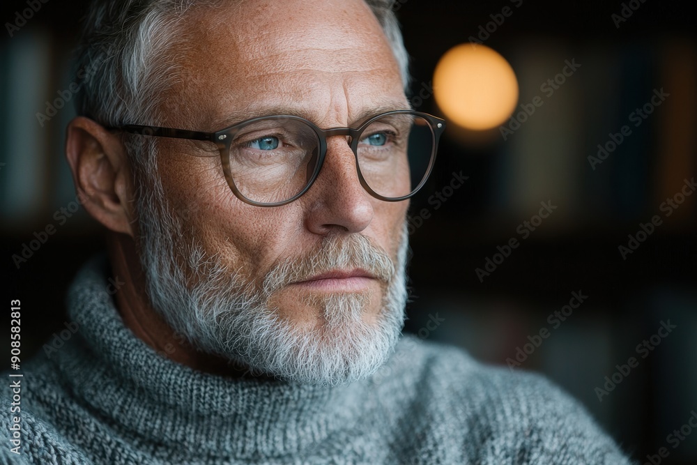 Thoughtful senior man with beard and glasses Thoughtful senior man with beard and glasses