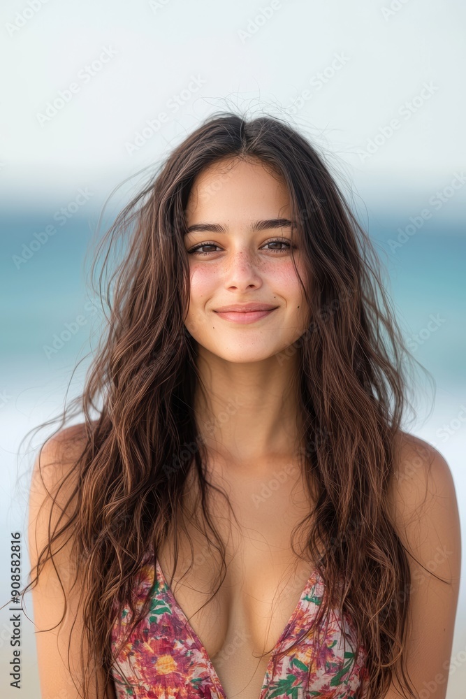 young woman with long brown hair smiling at the beach young woman with long brown hair smiling at the beach