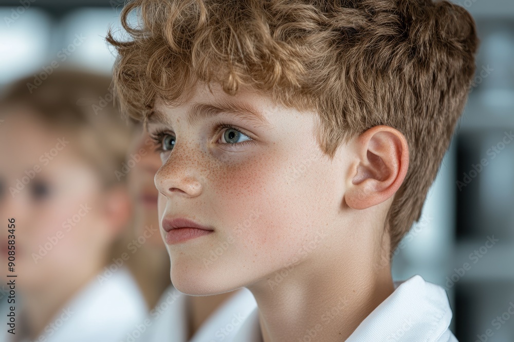 Portrait of a thoughtful young boy with curly hair and freckles Portrait of a thoughtful young boy with curly hair and freckles