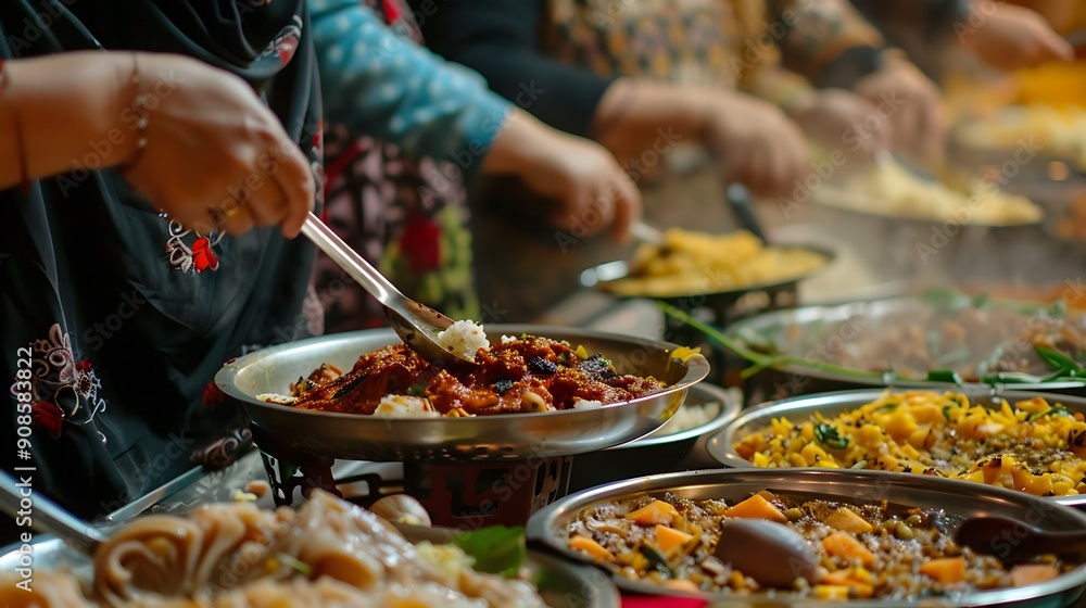 Close-Up of a Hand Scooping Food at a Buffet Table Close-Up of a Hand Scooping Food at a Buffet Table
