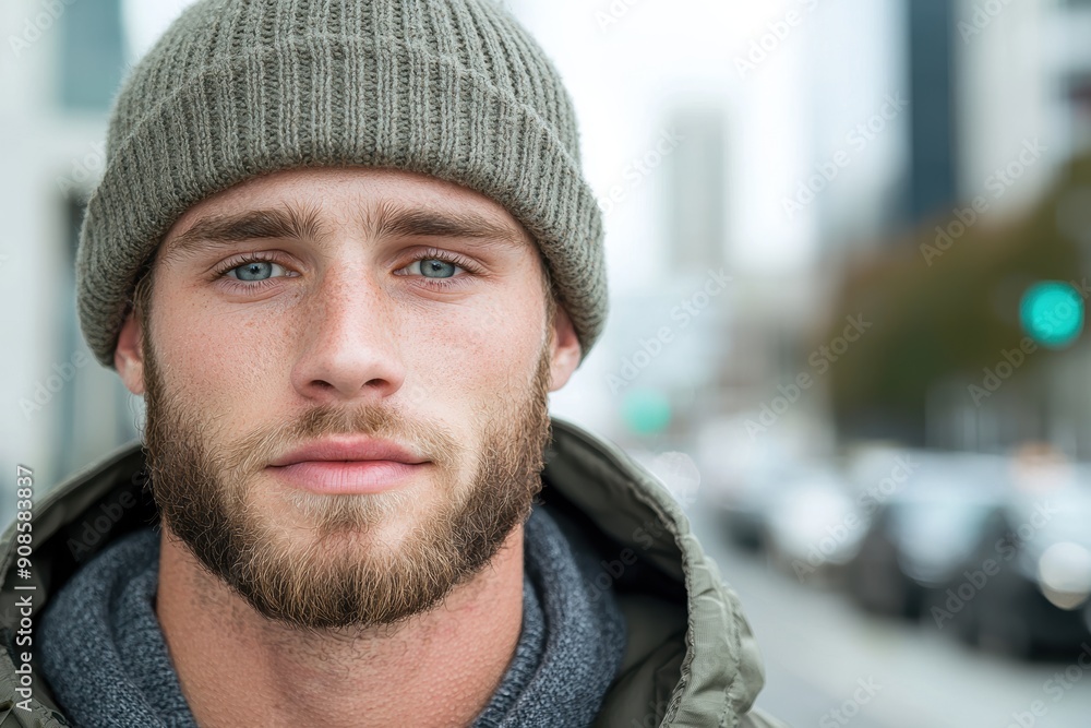 Thoughtful young man with beard and knit cap Thoughtful young man with beard and knit cap