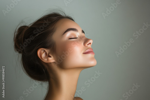 A close up of a girl's face with her eyes closed