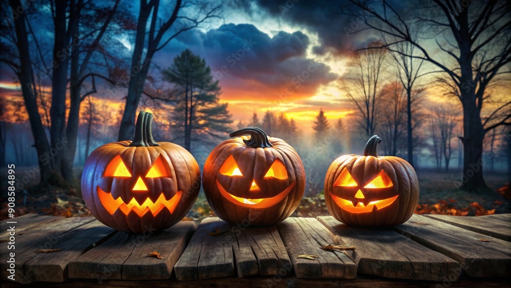 A spooky forest sunset with a haunted evil glowing eyes of Jack O' Lanterns on the left of a wooden bench on a scary halloween night A spooky forest sunset with a haunted evil glowing eyes of Jack O' Lanterns on the left of a wooden bench on a scary halloween night