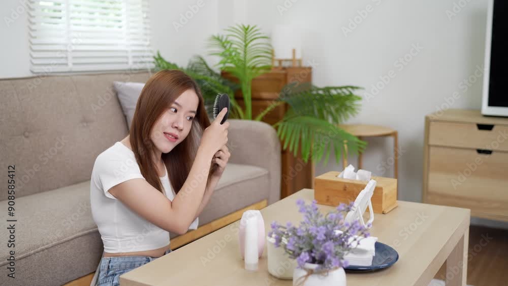 An Asian woman is sitting in her living room, brushing her hair in front of a mirror on the table, surrounded by various personal care items An Asian woman is sitting in her living room, brushing her hair in front of a mirror on the table, surrounded by various personal care items