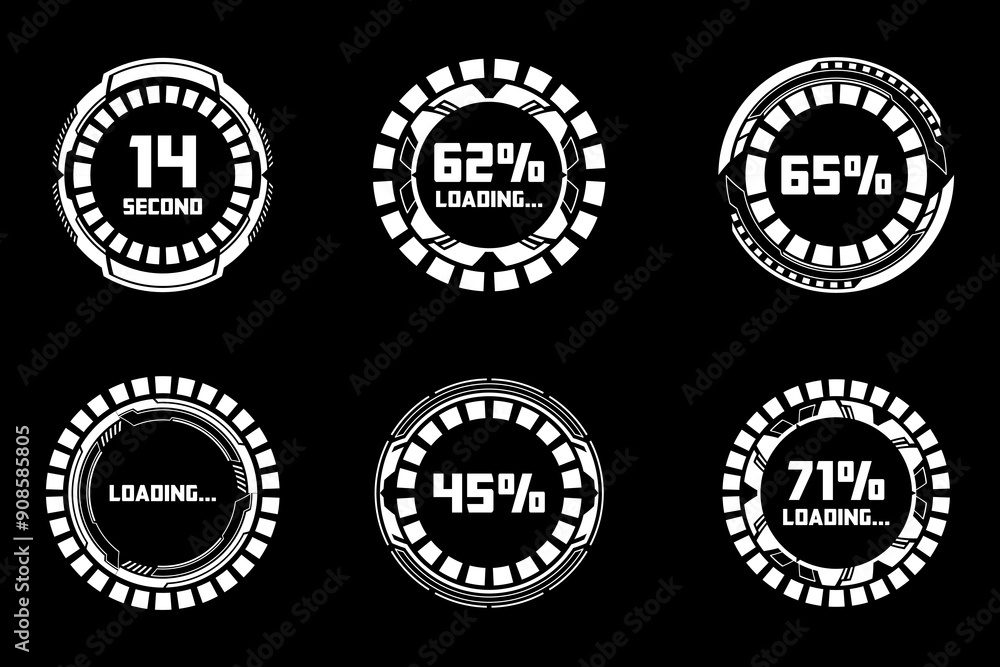 Set of HUD Futuristic Circular Loading Progress Indicators Elements Set of HUD Futuristic Circular Loading Progress Indicators Elements