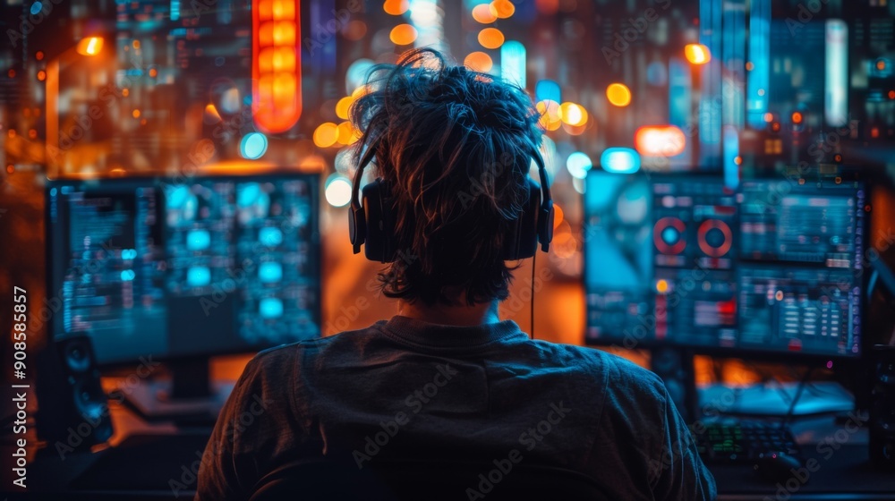 Backlit Gamer in a Cityscape Backlit Gamer in a Cityscape