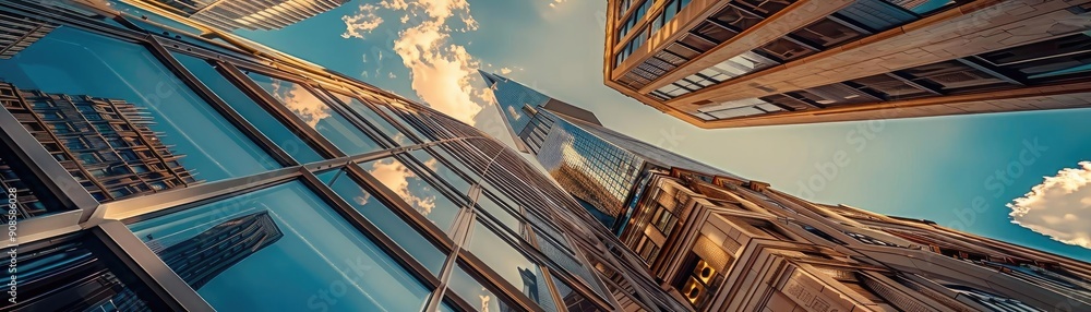 Stunning view of skyscrapers against a blue sky, showcasing modern architecture and dynamic angles in an urban environment. Stunning view of skyscrapers against a blue sky, showcasing modern architecture and dynamic angles in an urban environment.