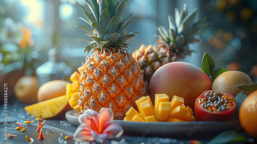 Vibrant tropical fruits displayed on a table, featuring pineapples, mangoes, and exotic flowers. Concept of freshness, nutrition, and summer abundance. Vibrant tropical fruits displayed on a table, featuring pineapples, mangoes, and exotic flowers. Concept of freshness, nutrition, and summer abundance.