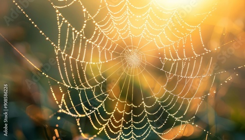 A macro shot of a dewcovered spider web with sparkling droplets in the early morning light, Photography, High detail, Delicate texture