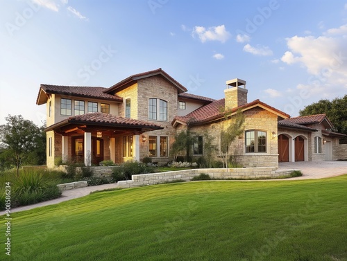 Luxurious two-story house brown exterior large central entrance flanked by windows on second floor surrounded by well-maintained green lawn trees in foreground providing natural backdrop to man-made