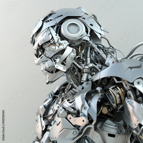 A robot with a metallic face and a silver body