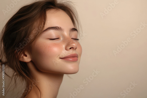 A close up of a girl's face with her eyes closed