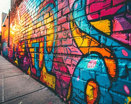 A saturated urban graffiti wall with vibrant colors and intricate designs, capturing the raw energy of street art, Photography, High detail, Bold aesthetic
