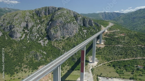 Aerial view of new concrete bridge over the Moraca river canyon in Montenegro photo