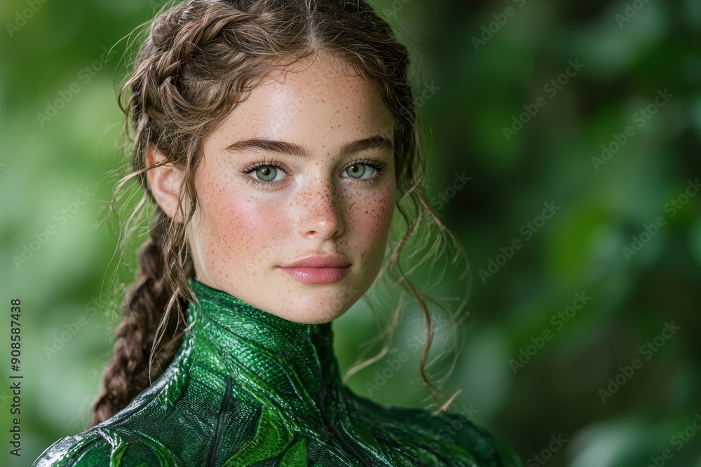 Portrait of a young woman with curly hair and freckles Portrait of a young woman with curly hair and freckles