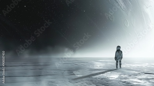 A man in a space suit stands on a snowy, desolate landscape