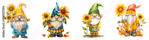 Set of lovely Gnome with sunflower garden clipart isolated on transparent background