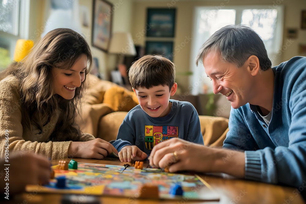A joyful family plays a board game together at home, showcasing bonding and fun during leisure time, with parents and children engaged in friendly competition A joyful family plays a board game together at home, showcasing bonding and fun during leisure time, with parents and children engaged in friendly competition