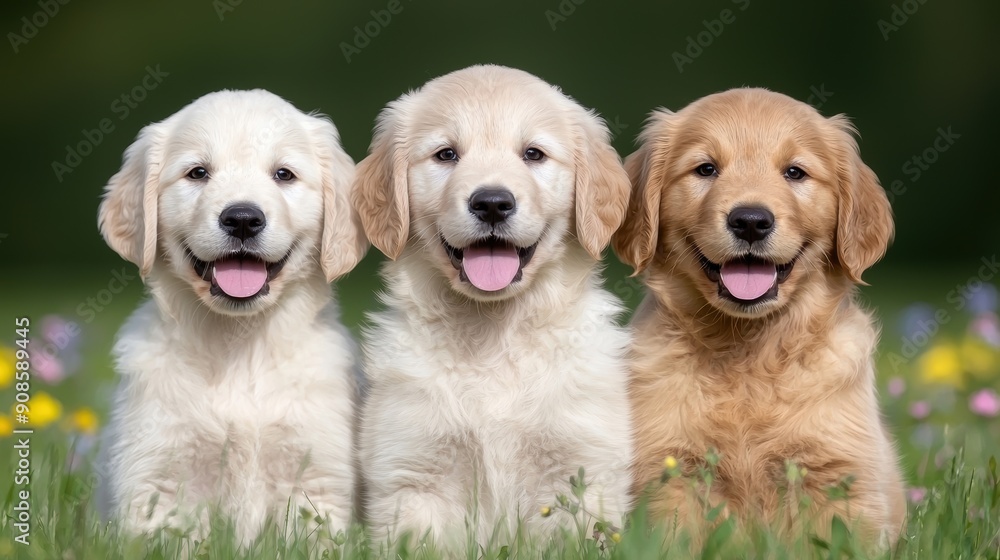 three adorable golden retriever puppies in a field of flowers three adorable golden retriever puppies in a field of flowers