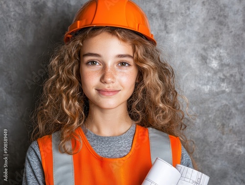 young female construction worker in safety gear