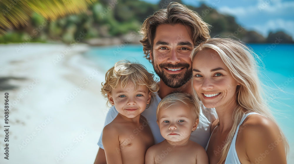 portrait happy family walking along the white tropical beach with palm trees in background portrait happy family walking along the white tropical beach with palm trees in background