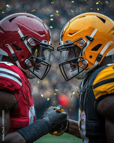 American football players shaking hands