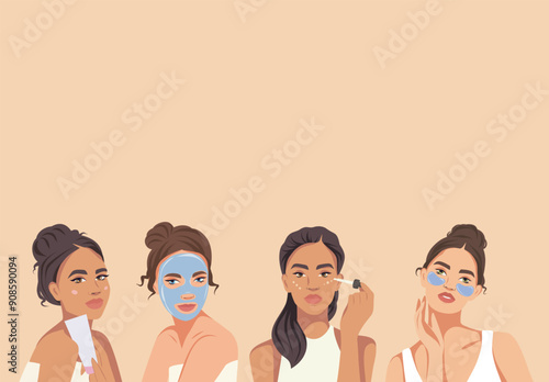 Women of different skin colors and cultures take care of their skin. Facial care cosmetics, cream, masks, serum, patches. Vector illustration on the theme of beauty for the website, banner 