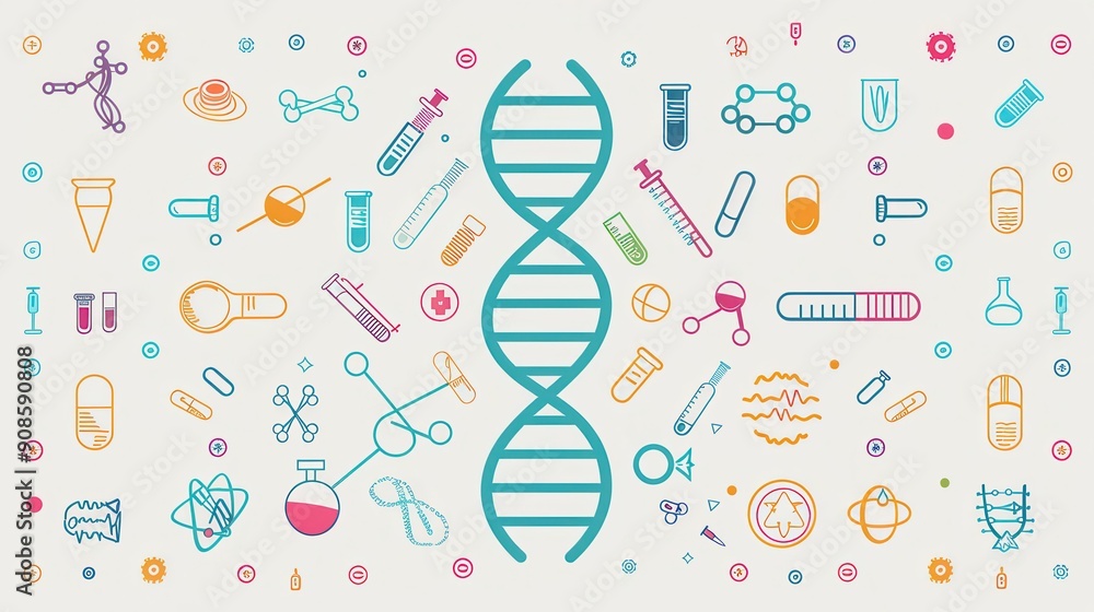 A double helix DNA strand is surrounded by various medical symbols, including microscopes, test tubes, and stethoscopes, highlighting the fusion of biology and medicine. Generative AI A double helix DNA strand is surrounded by various medical symbols, including microscopes, test tubes, and stethoscopes, highlighting the fusion of biology and medicine. Generative AI