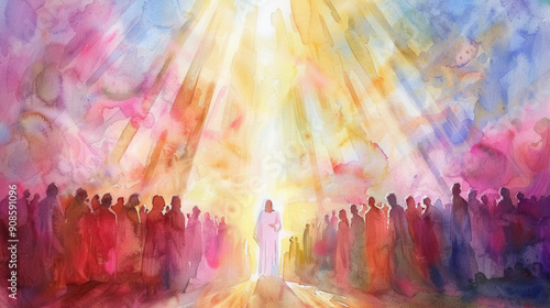 A watercolor painting of Jesus Christ blessing a group of people, with beams of light shining down from the heavens