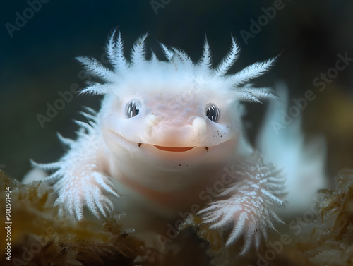 Whimsical Pink Axolotl with Frilled Gills and Expressive Eyes Swimming Among Blurred Aquatic Vegetation - Charming Underwater Creature Representing Biodiversity and Marine Conservation for Nature photo