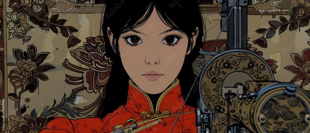 Fototapeta premium Illustration of a young woman in traditional attire with intricate patterns and gears in the background, showcasing a blend of cultural and mechanical themes.