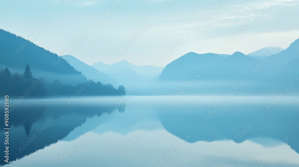 Misty Dawn: Peaceful Mountain Landscape Reflected in Tranquil Lake Misty Dawn: Peaceful Mountain Landscape Reflected in Tranquil Lake