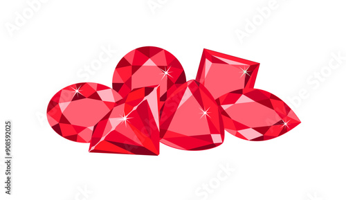 Heap of red gemstones isolated on white background. Vector cartoon flat illustration of ruby crystals.