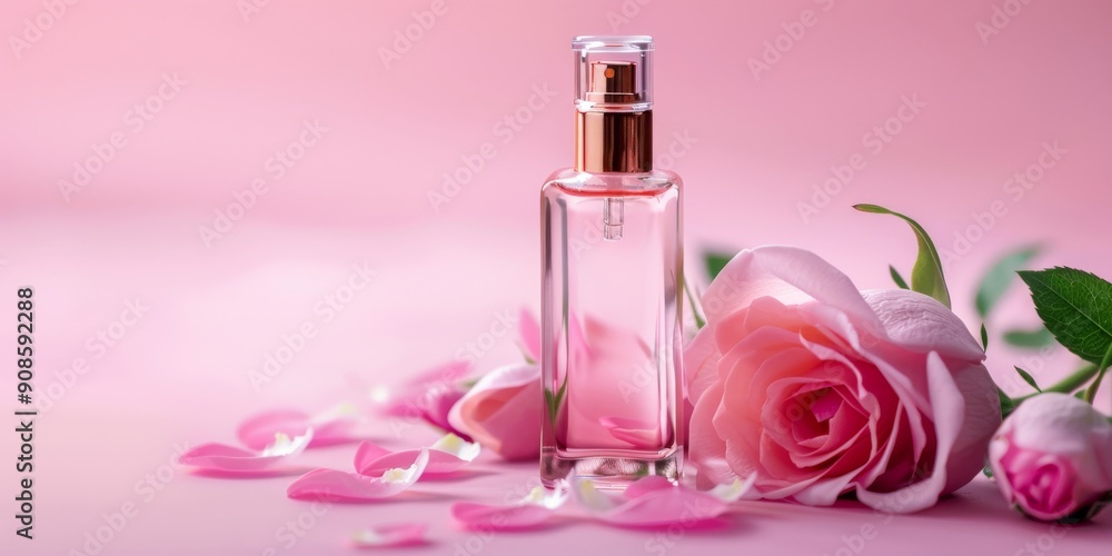 Perfume Bottle with a Rose on Pink Background Perfume Bottle with a Rose on Pink Background