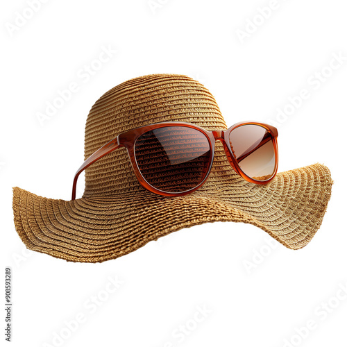 A stylish summer accessory set featuring a straw hat and sunglasses, perfect for beach vacations and sun protection