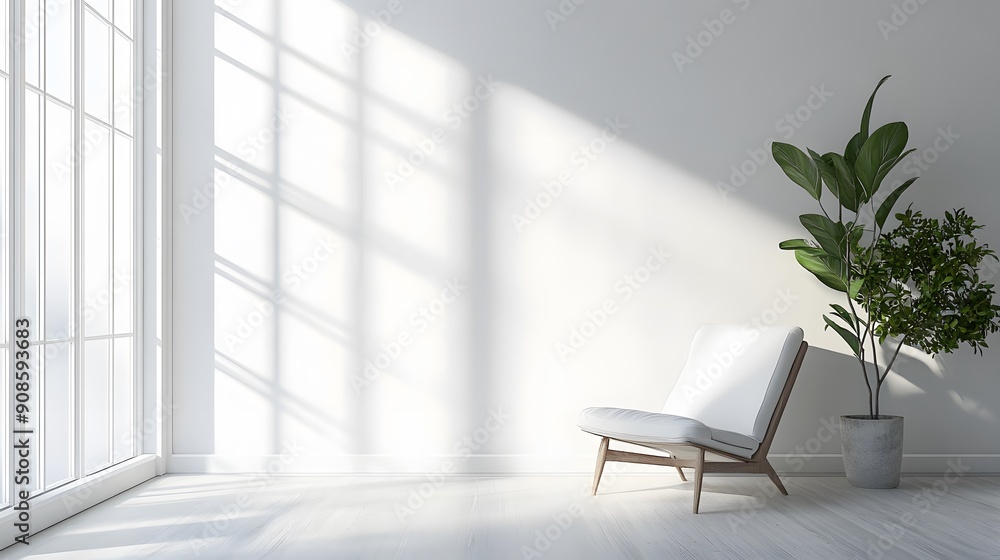 Minimalist home with a plain white wall as the backdrop, soft natural light coming through large windows, clean and uncluttered design, peaceful and serene mood Minimalist home with a plain white wall as the backdrop, soft natural light coming through large windows, clean and uncluttered design, peaceful and serene mood